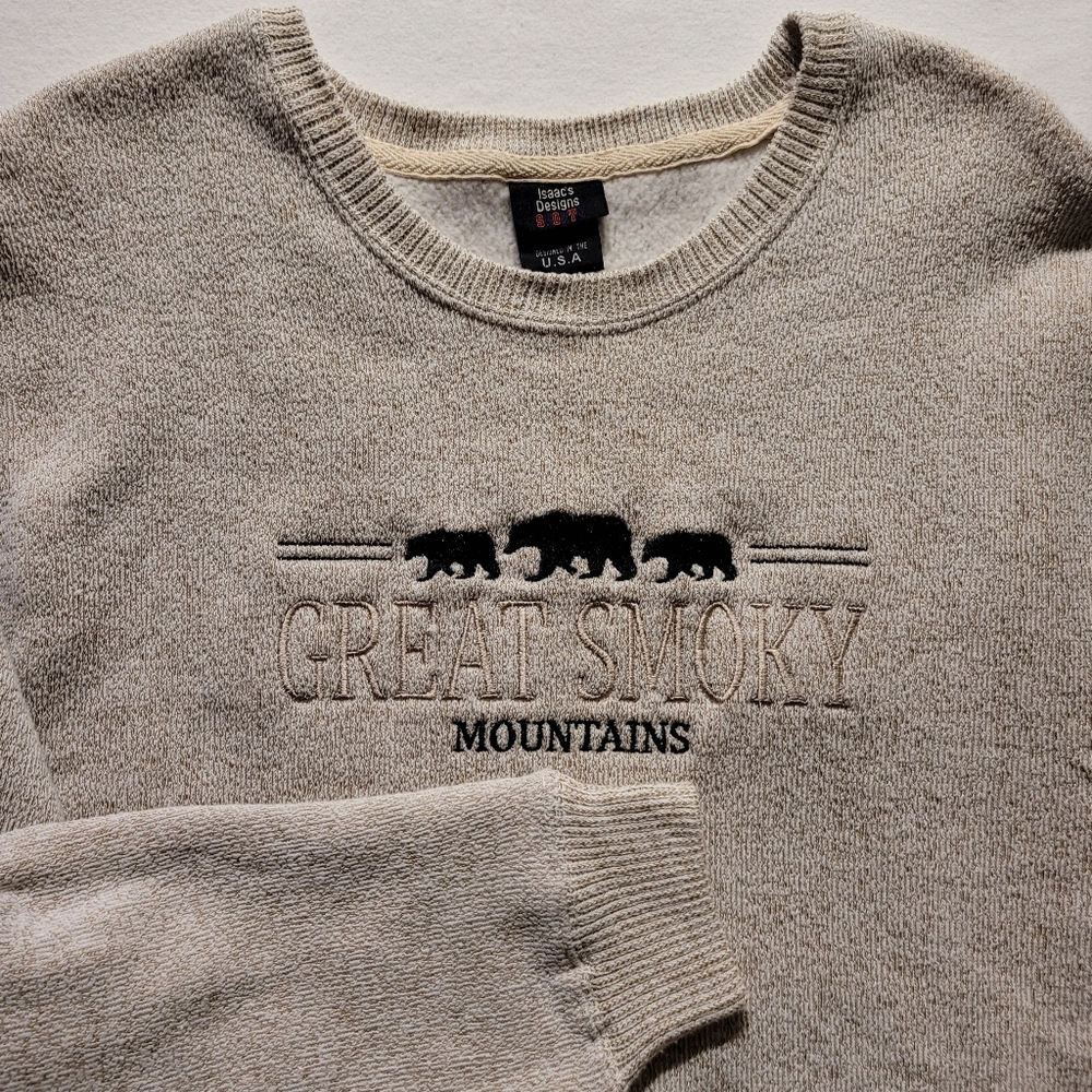 Great Smokey Mountains Sweater Tight Knit 2-Toned Mens Large Embroidered Bears
